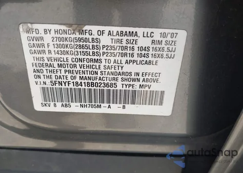 2008 Honda Pilot Ex z USA, uszkodzony, nr VIN 5FNYF18418B023685